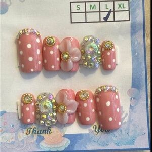 Pink Polka‎ Dot Nail Set with Rhinestones